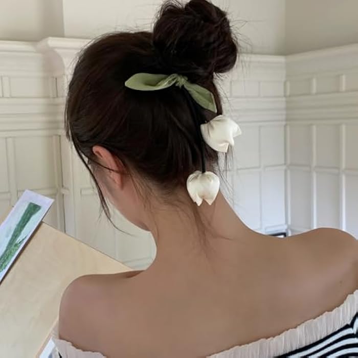 TUCEWP Flower Hair Ties for Women Girls Tassel Ribbon Tulip Elastic Hair Band for Thick Hair White Elegant Floral Hair Scrunchies Soft Cute Stretchy Hair Rope Ponytail Holders Sweet Hair Accessories - Image 4